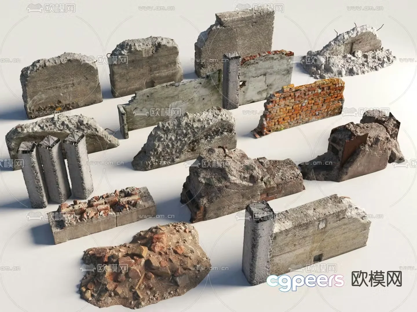 Landscape stone damaged red brick wall 3d model
