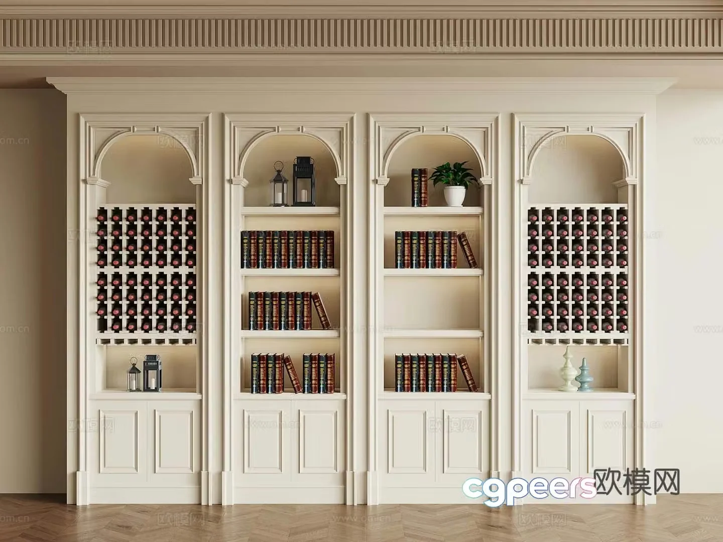 03 French cream style bookcase wine cabinet 3d model