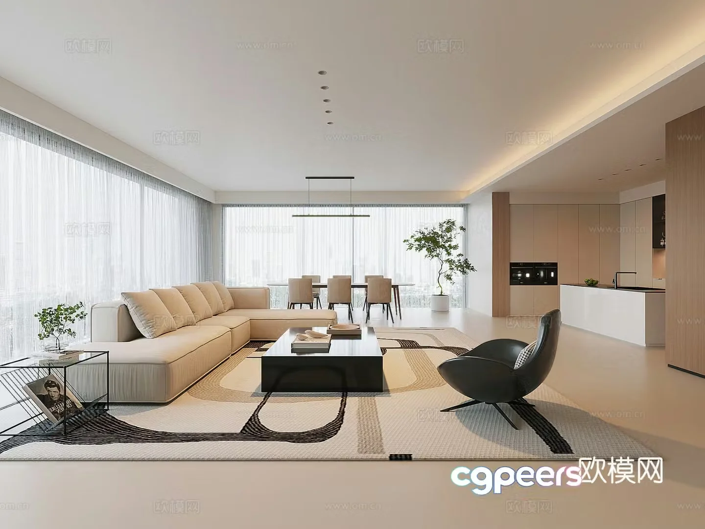 Modern minimalist living and dining room 3D model