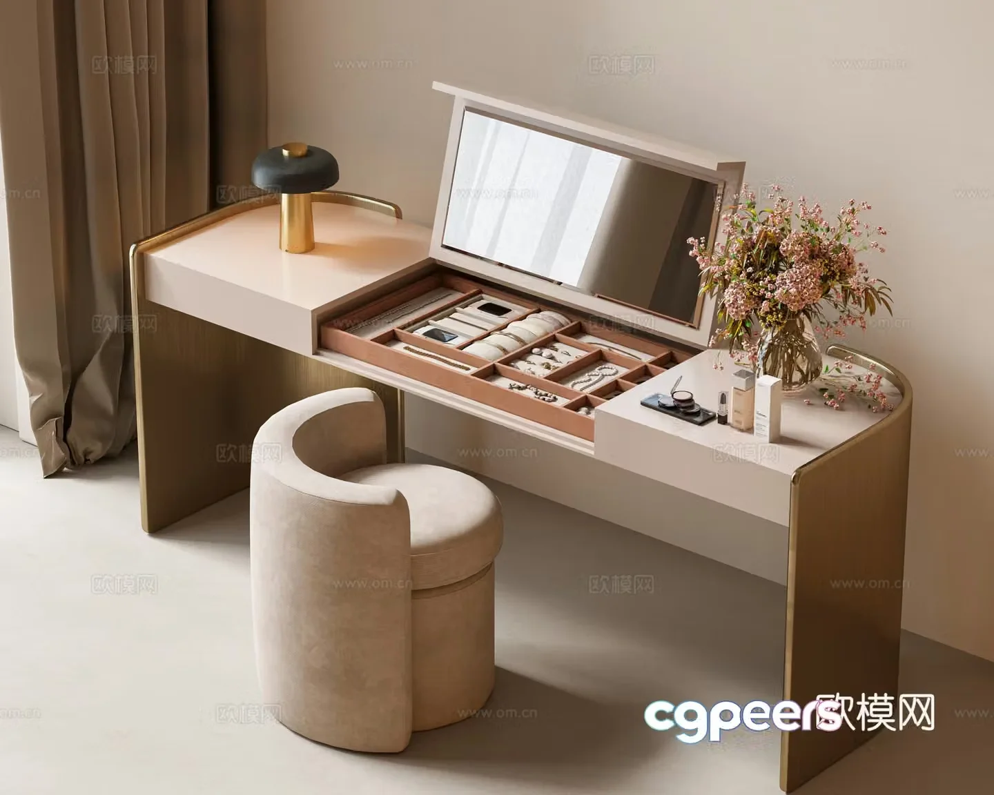 Modern light luxury dressing table jewelry box dressing table makeup stool combination cosmetics combination dressing table flower 3d model