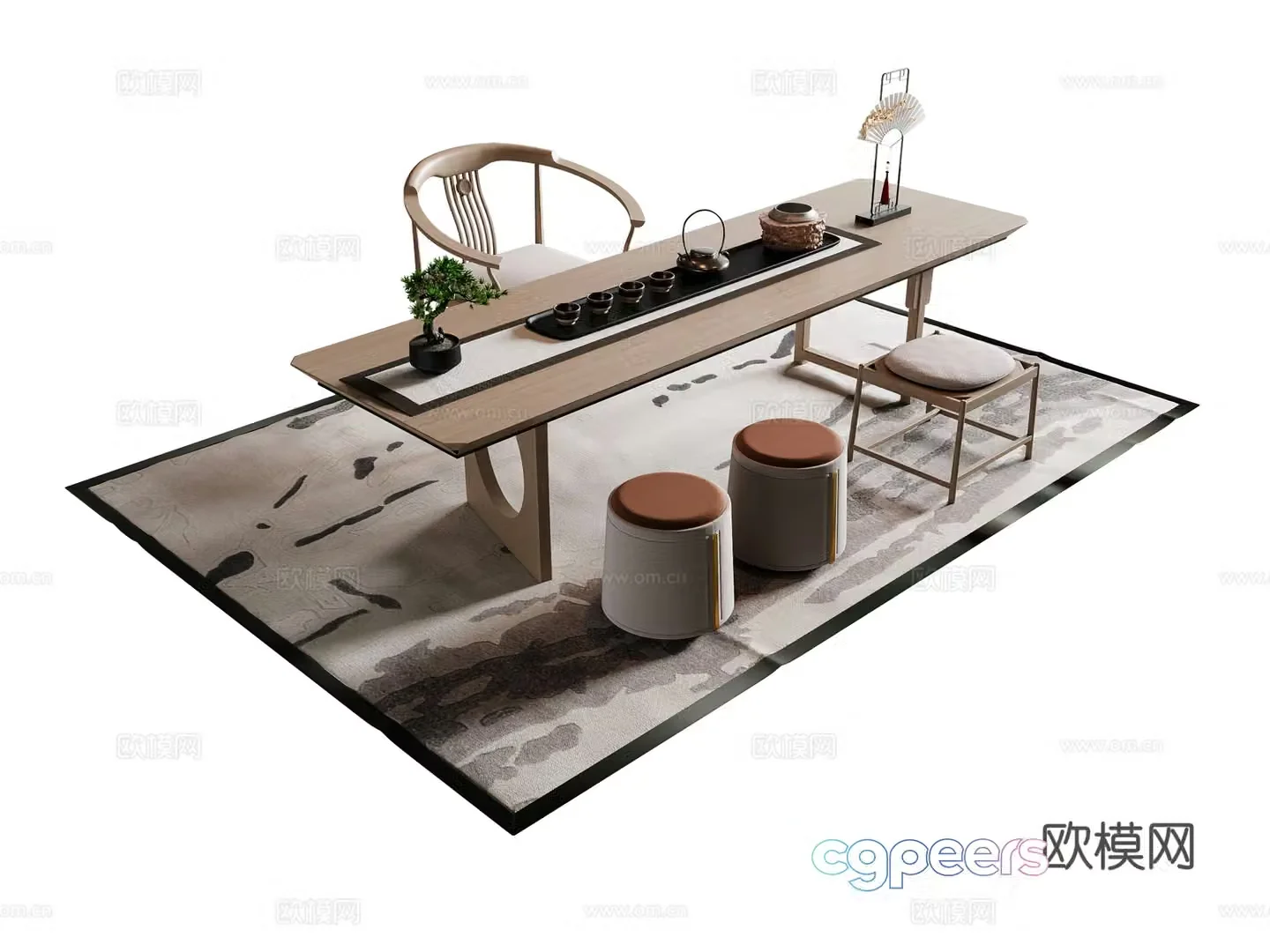 New Chinese tea table and chairs 3d model