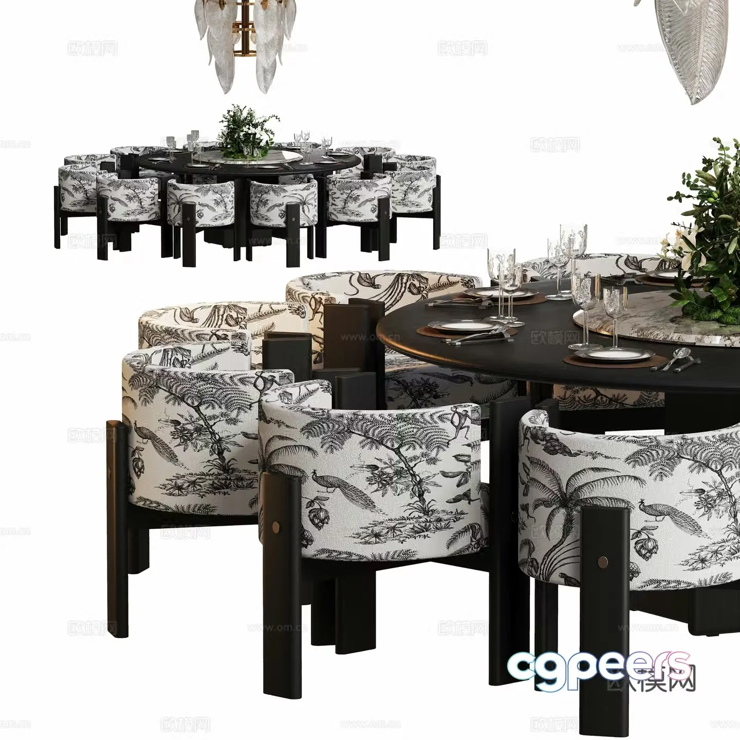 Modern medieval log round dining table and chair combination 3D model