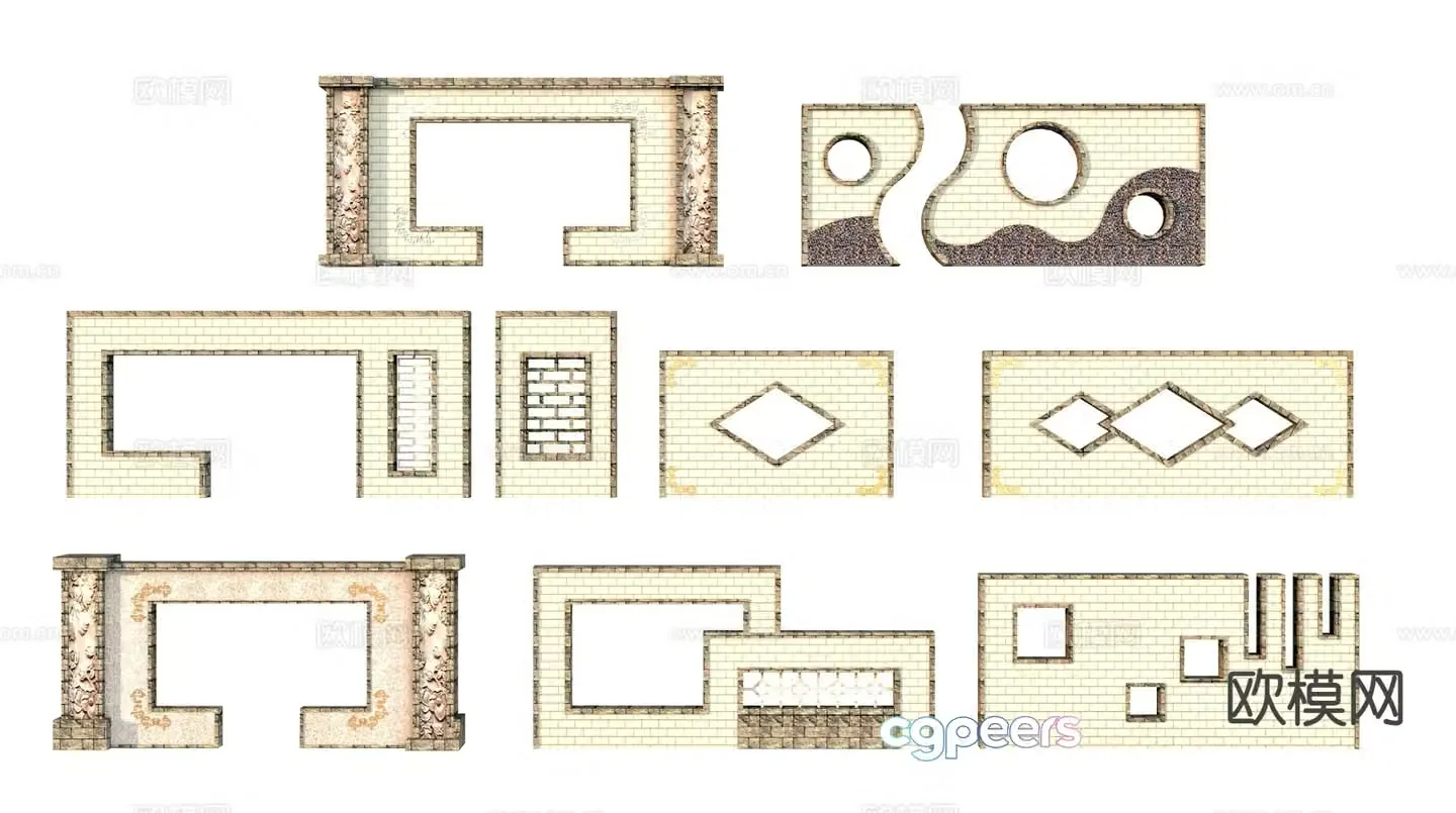 Chinese brick wall landscape wall modeling wall 3d model