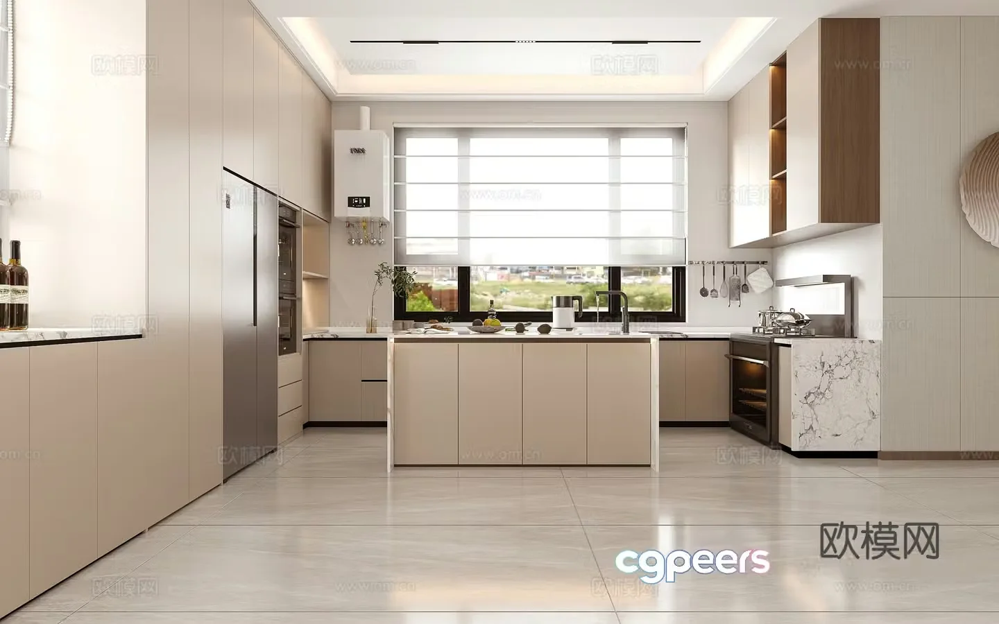 Modern minimalist restaurant kitchen stairs landscape 3d model