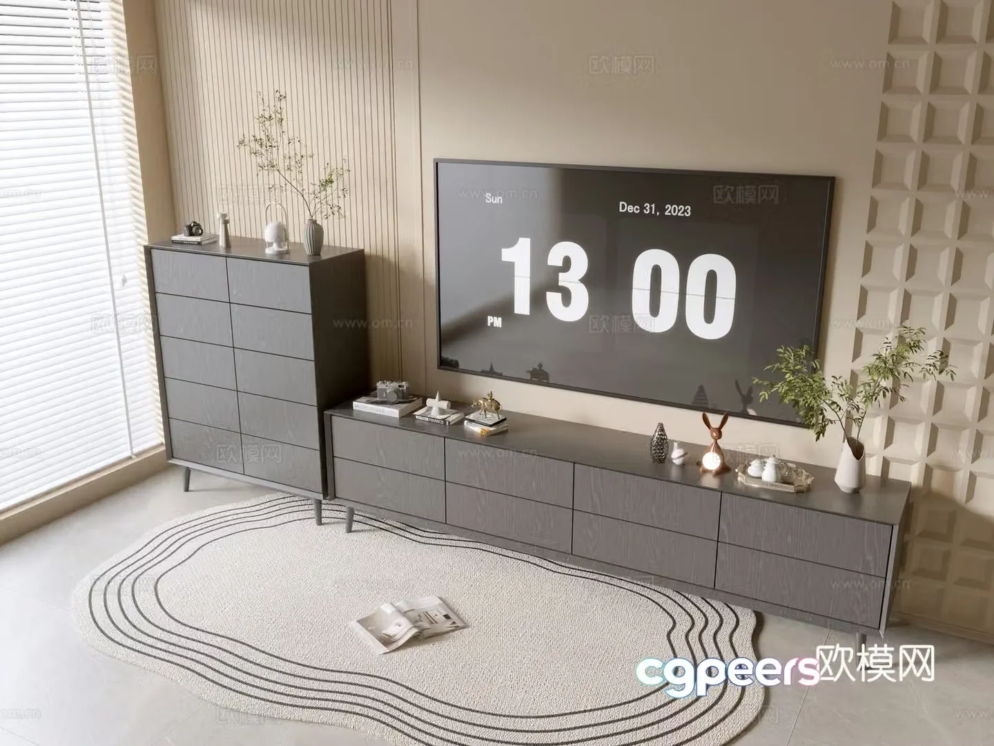 Modern black wood grain chest TV cabinet 3D model