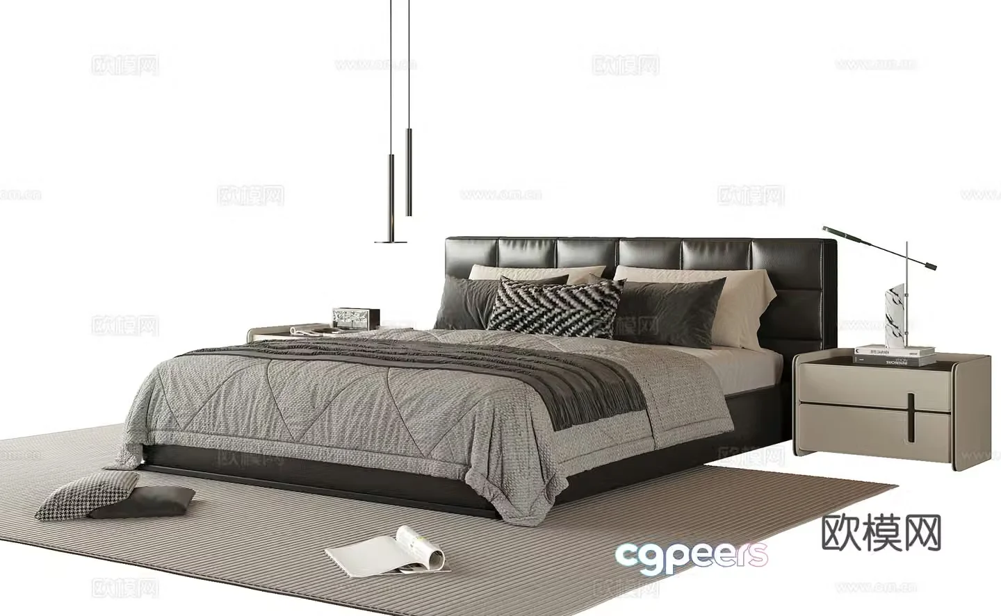 Modern double bed bedside table bedding 3d model
