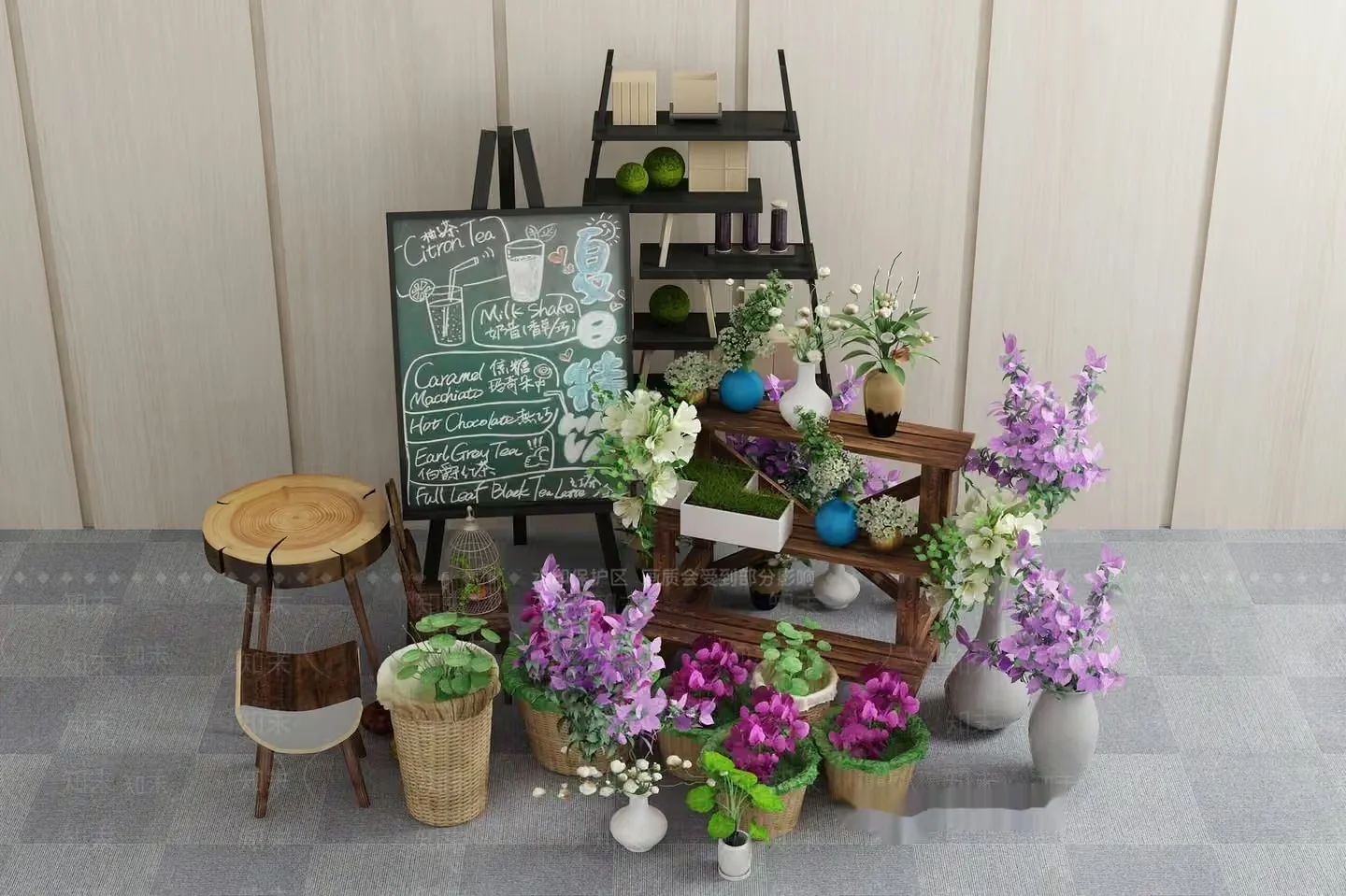 A Wooden And Flower Display 3D Model – 11294 – VRAY Render