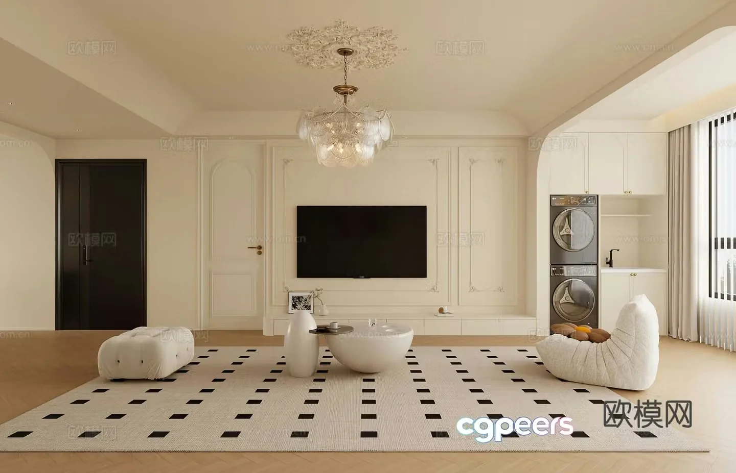 French living room TV background 3d model
