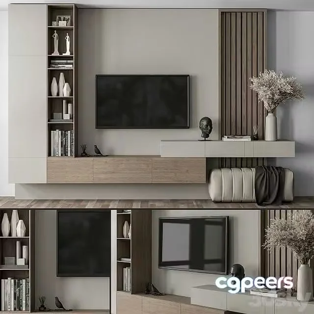 3ds Max Free – TV Wall Gray and Wood with Hallway Cabinet – Set 37