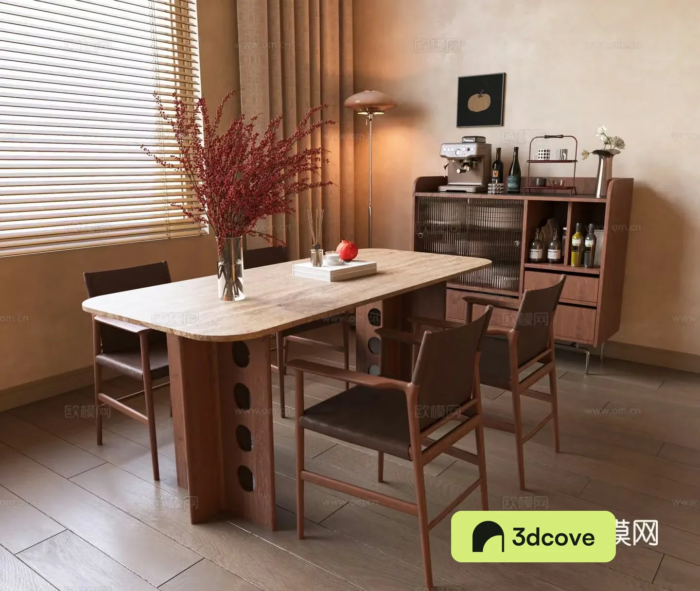 Wasabi style dining table and chair combination medieval dining chair solid wood dining table and chair combination Wasabi vase flower art 3D model