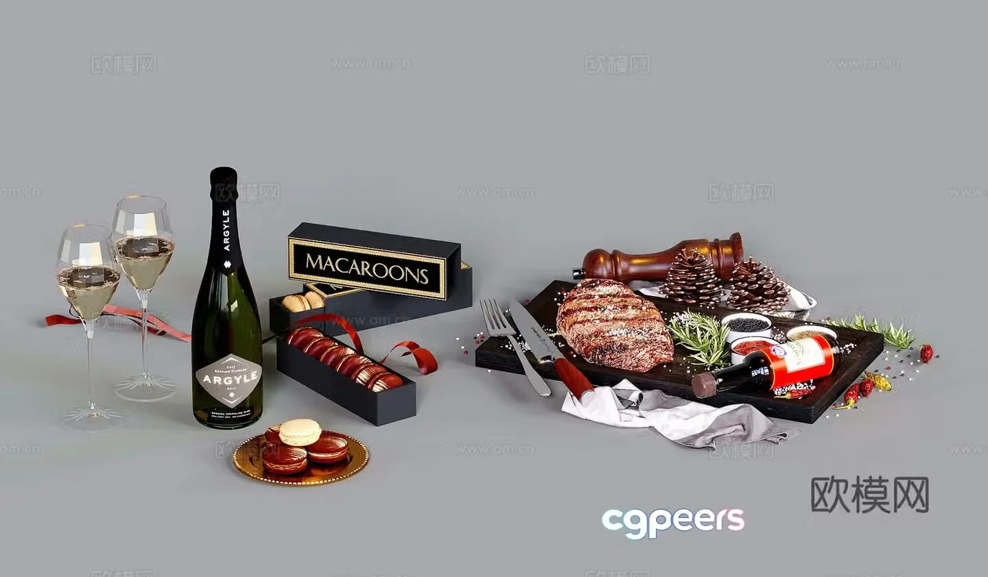 Modern food steak biscuits champagne drinks tableware 3d model