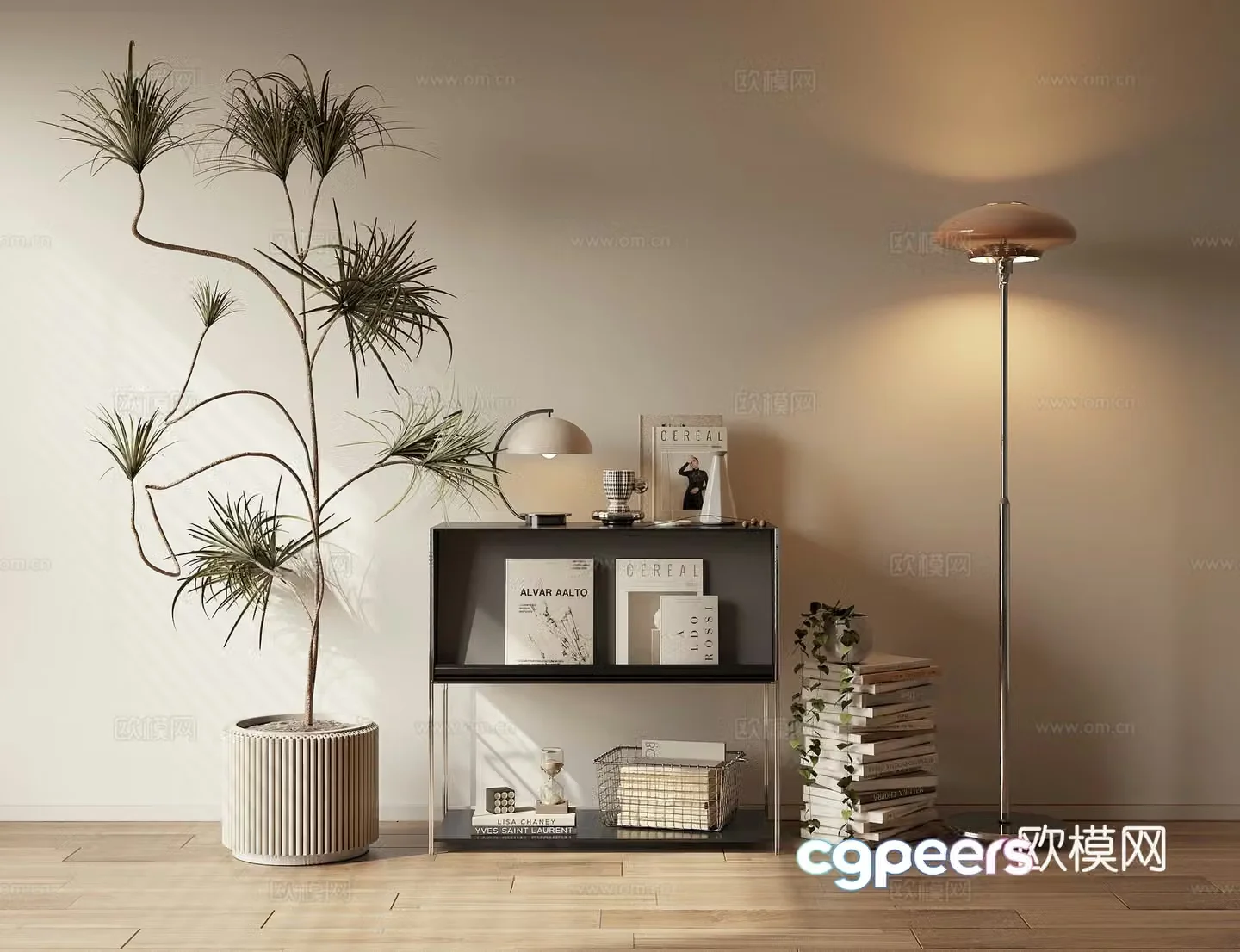 Low cabinet chest of cabinet bookcase shelf floor lamp pot plant ornament book 3D model