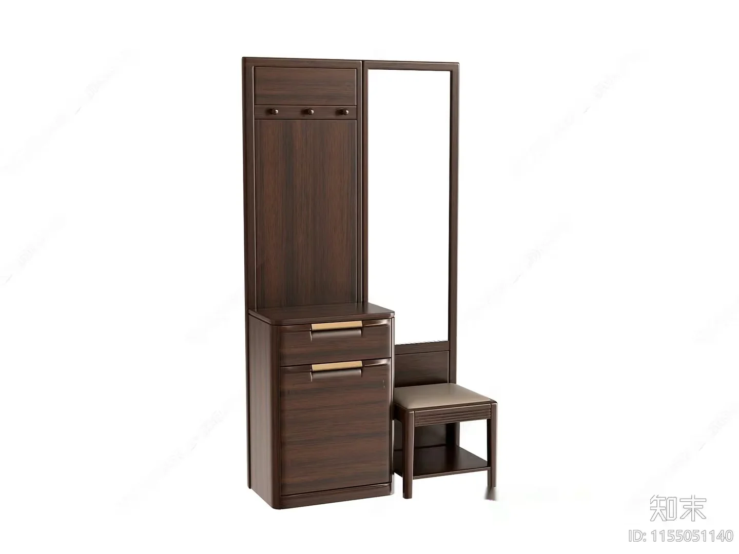A Dark Brown Wooden Dresser With A Mirror And A Small Chair 3D Model – 14977 – VRAY Render