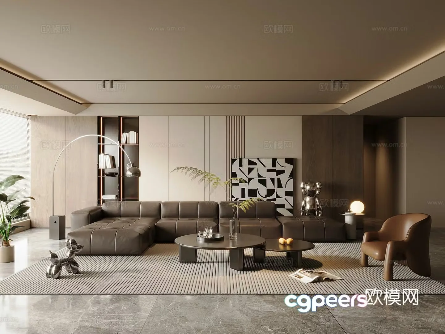 Modern Italian home living room leather sofa coffee table combination light luxury coffee table large flat layer bookcase 3D model
