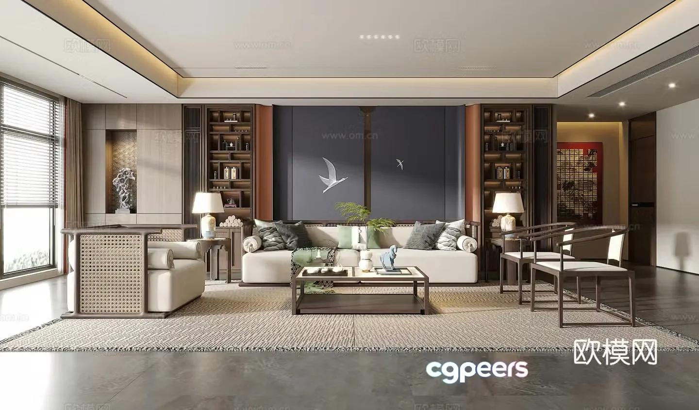 New Chinese living room sofa and coffee table combination green plants accessories desk lamp background wall 3D model