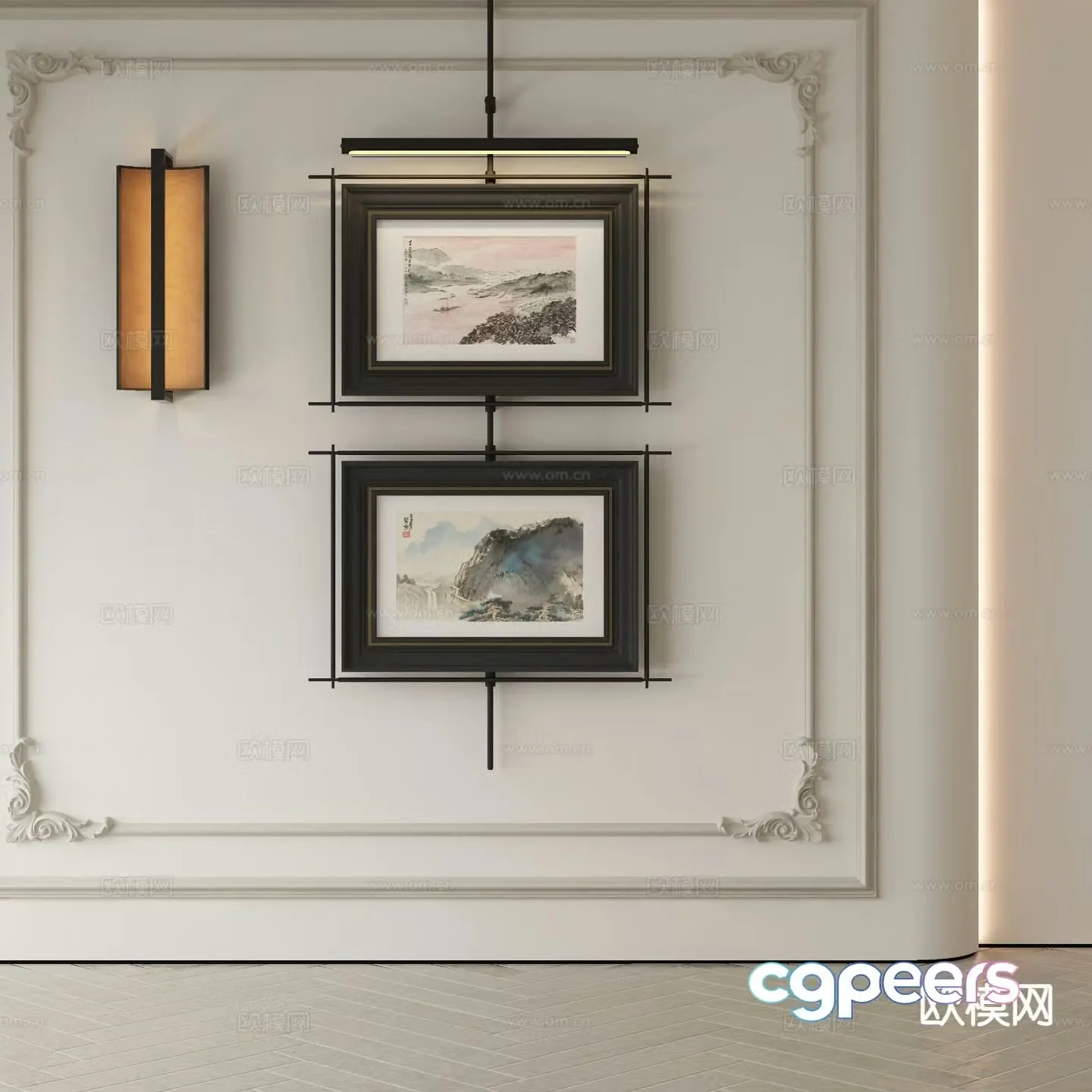 New Chinese style decorative painting combination painting metal pole hanging painting 3D model