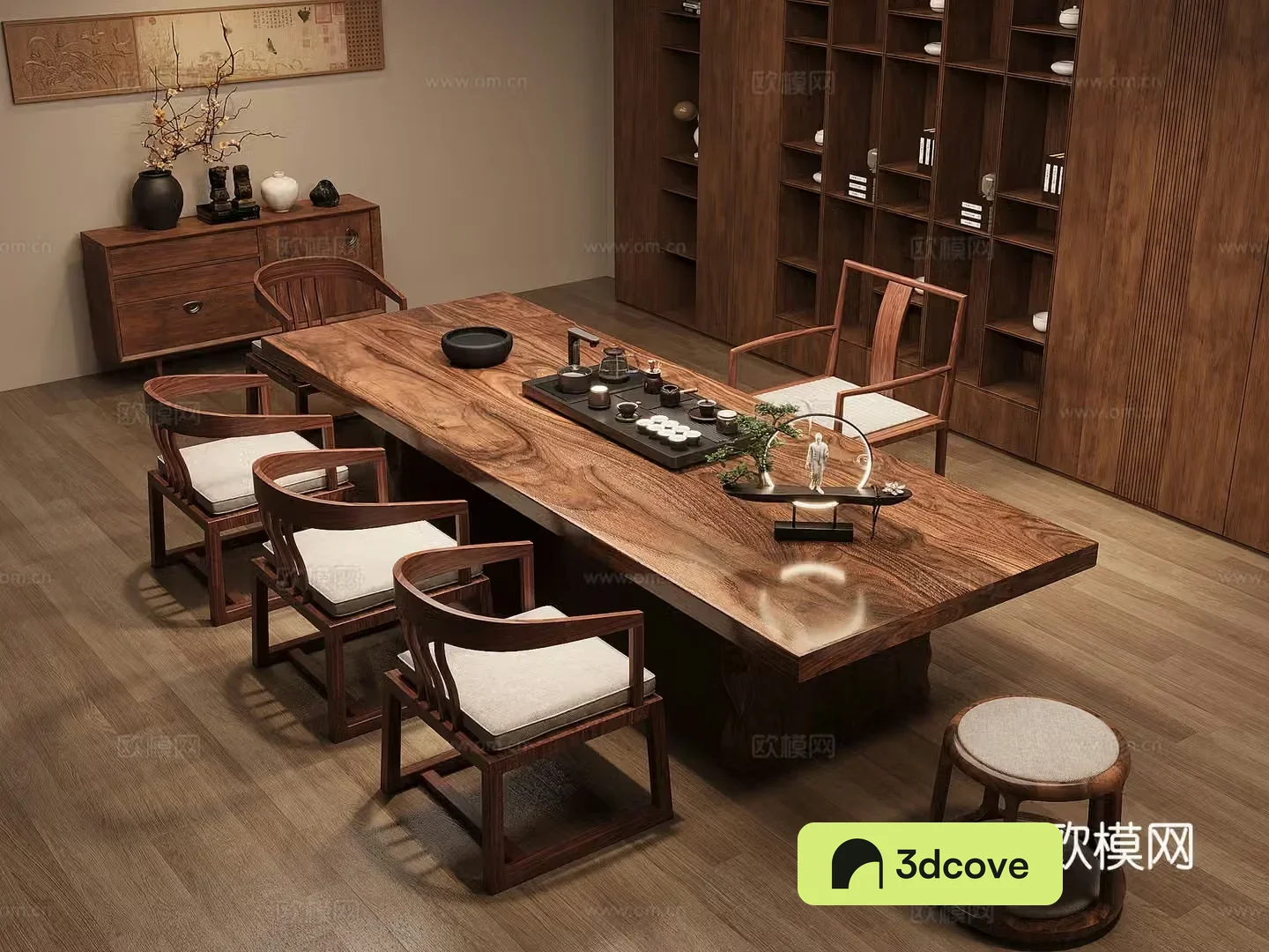 New Chinese-style solid wood tea table and chair combination large board table tea table solid wood storage cabinet tea cabinet