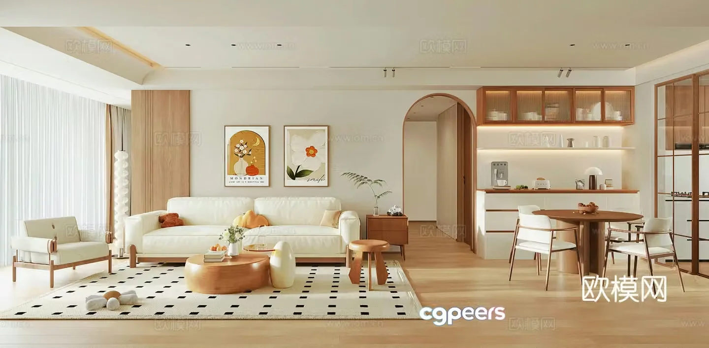 Modern cream style dining room fabric sofa combination dining table and chair combination sideboard decorative painting 3D model
