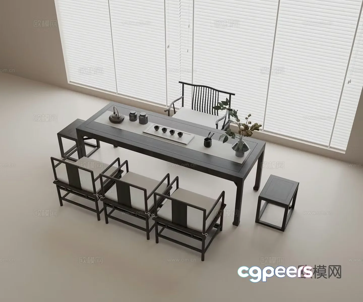 New Chinese tea table and chair combination Solid wood tea table Solid wood single chair Solid wood square stool Tea set combination Tea 3D model