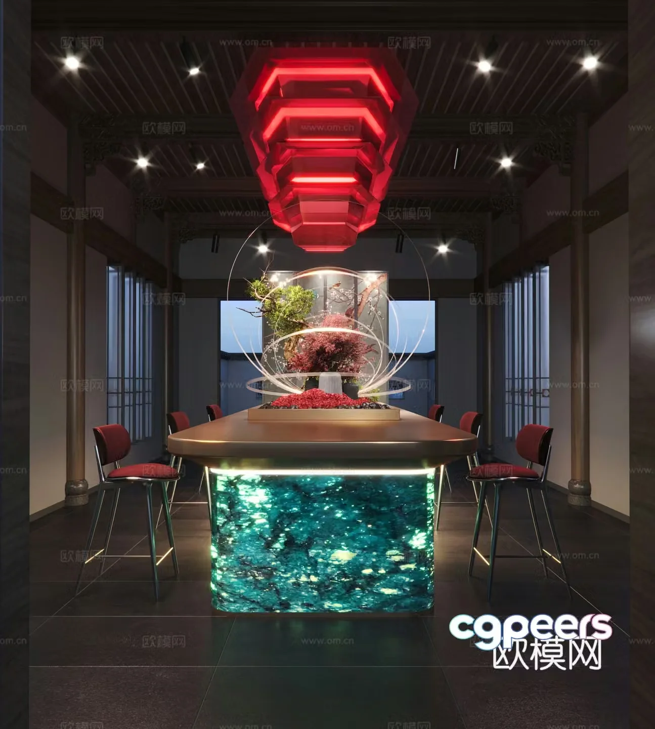 New Chinese style club lobby 3D model
