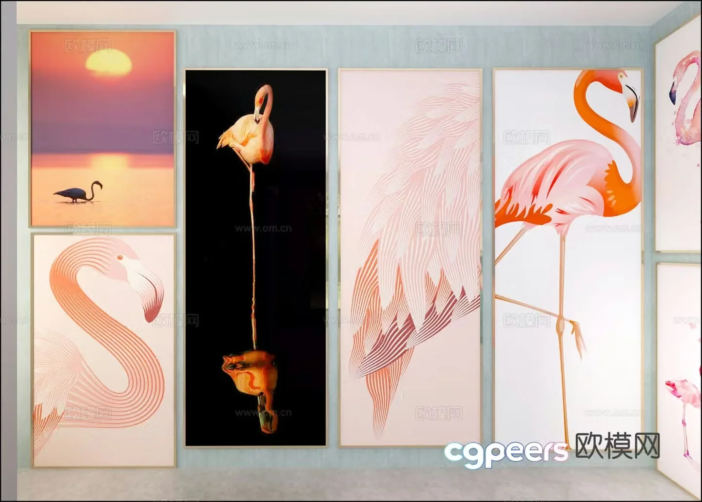 Modern decorative painting combination painting flamingo hanging painting 3d model
