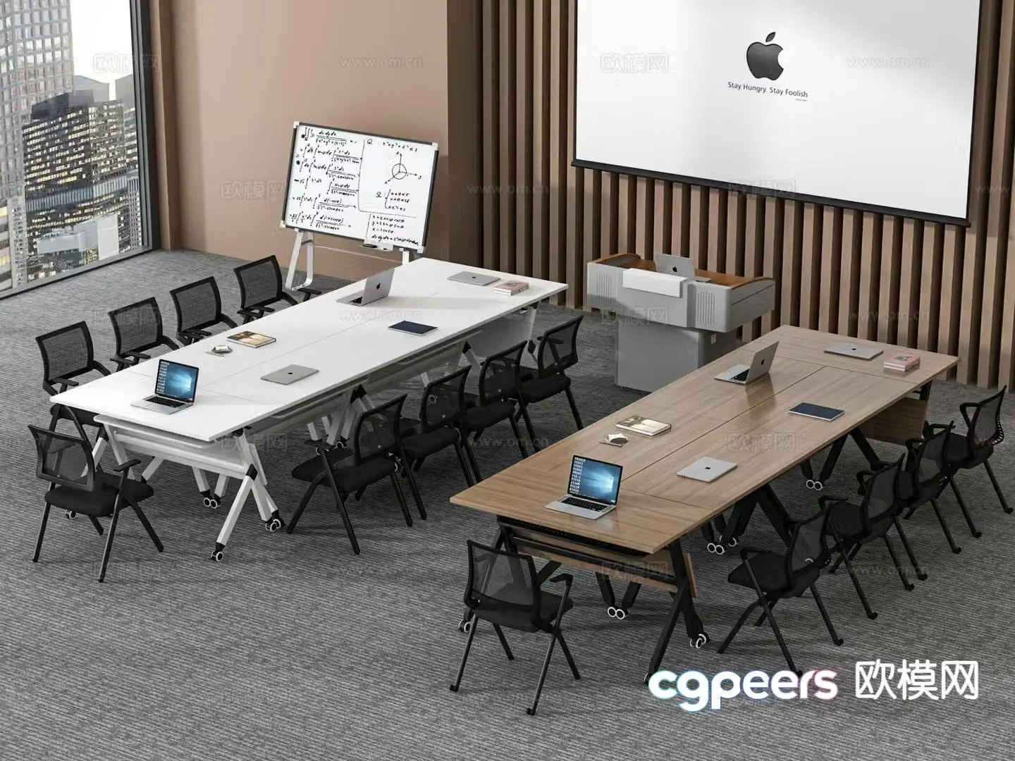 Conference tables and chairs training tables and chairs podium projection screen 3D model