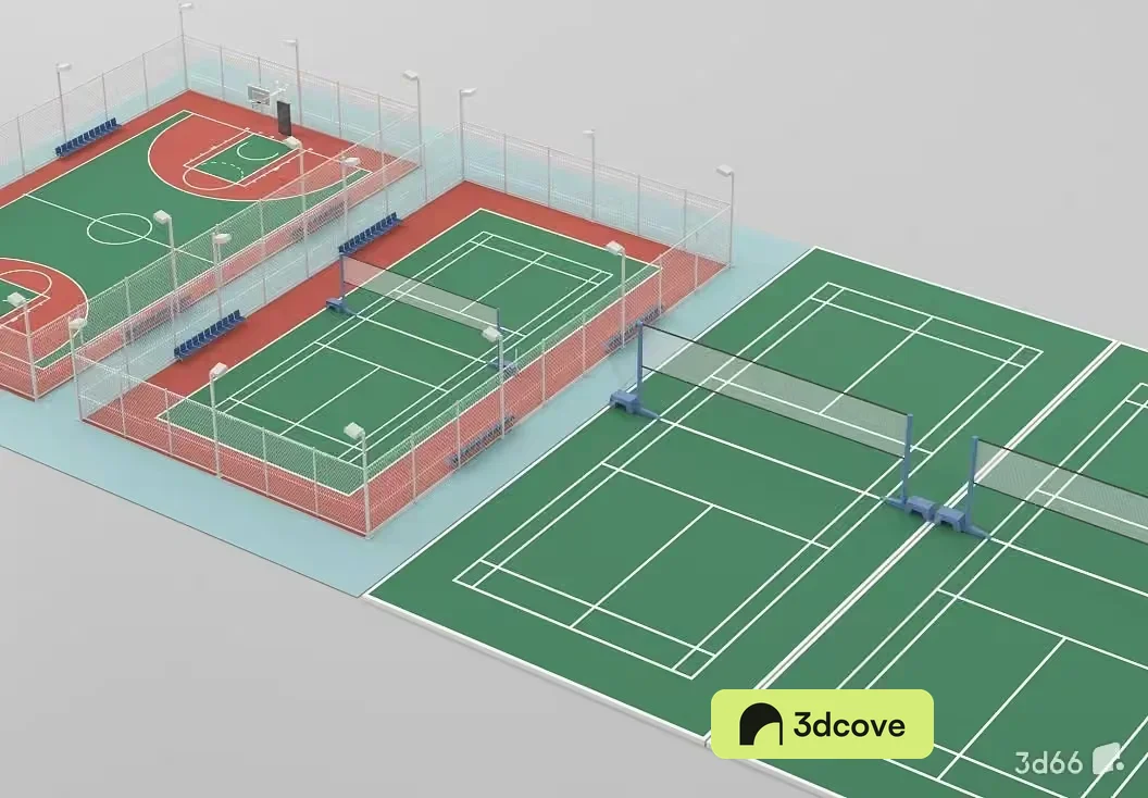A 3D Rendering Of A Sports Complex With Multiple Tennis Courts And Basketball