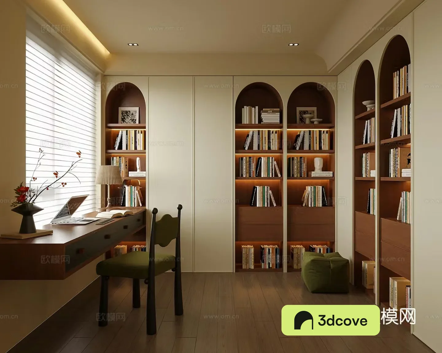 Modern study desk chair bookcase venetian blind