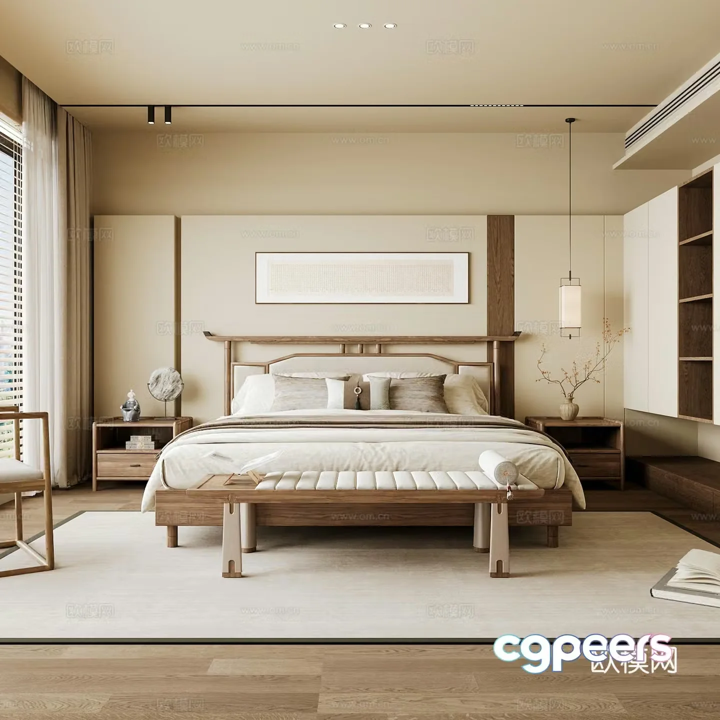 New Chinese style home bedroom Song family aesthetic bedroom Song style bedroom New Chinese style double bed 3D model