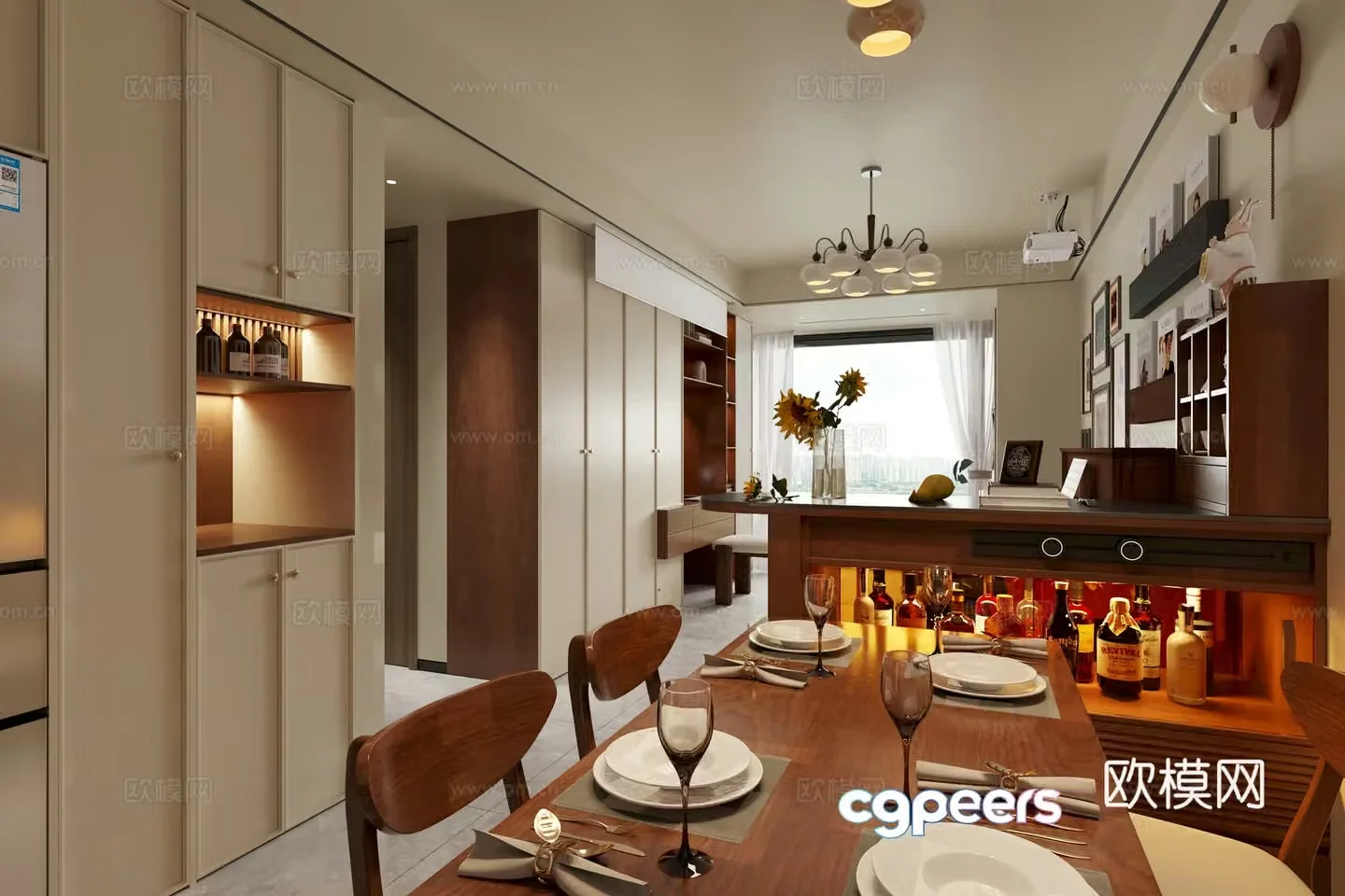 Middle style Living and dining room Logs Panoramic 3D model