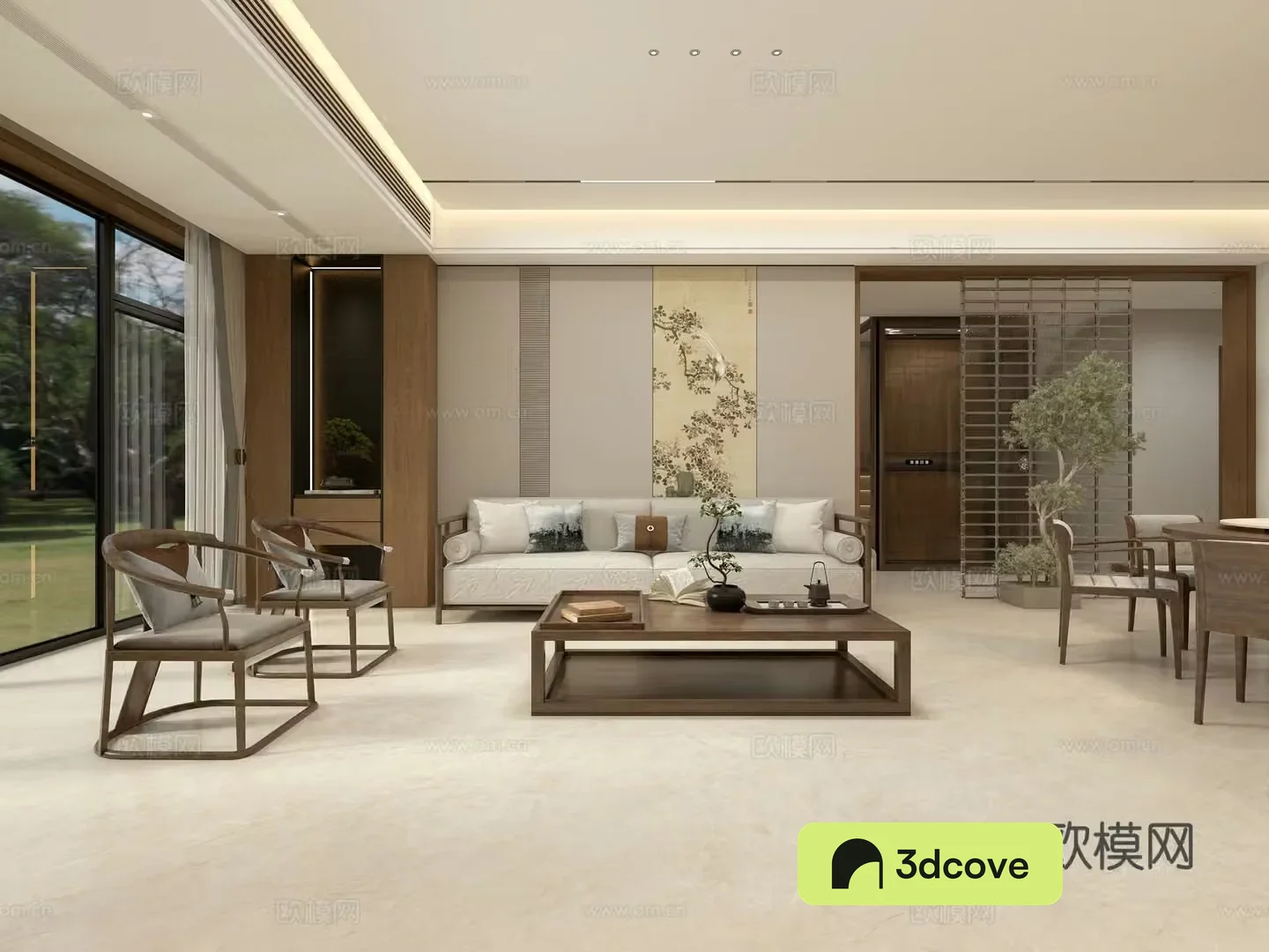 New Chinese style living restaurant Song’s aesthetic living restaurant round dining table wine cabinet film and television wall glass elevator