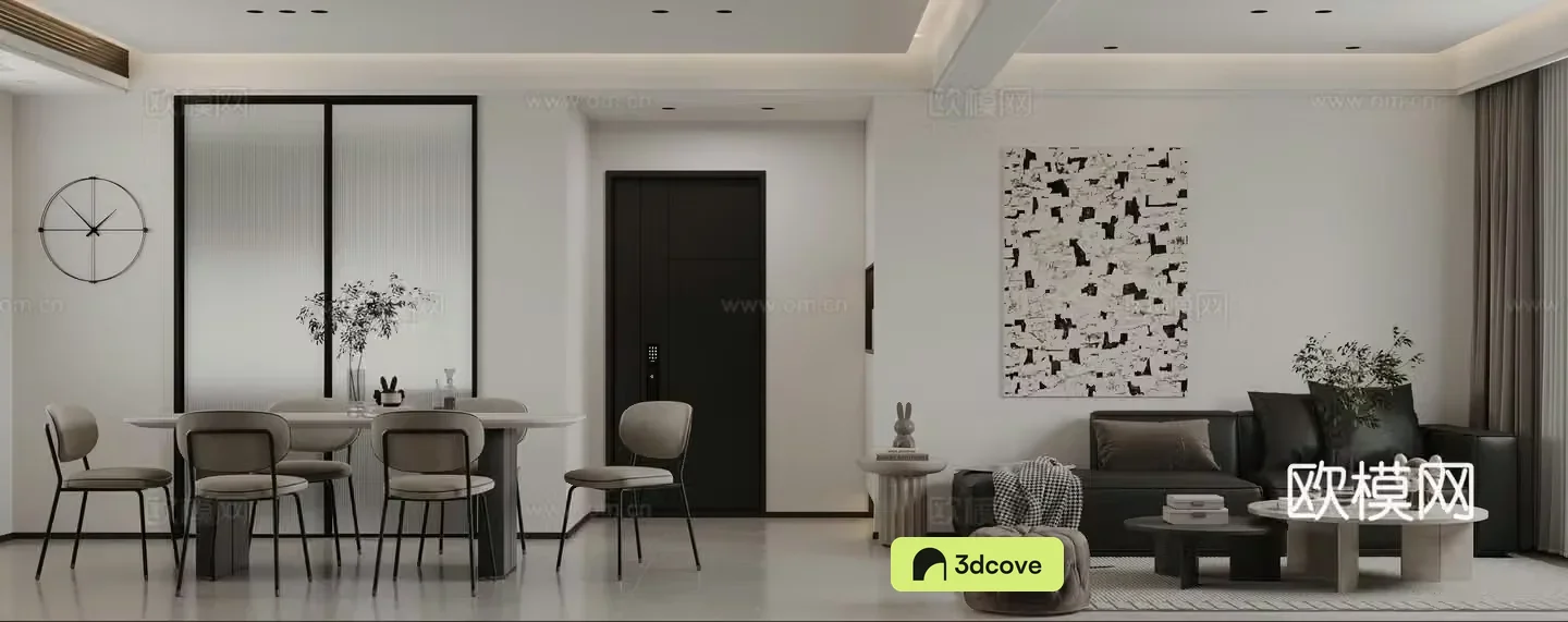 Modern black white and gray living and dining room flat floor living and dining room without main light
