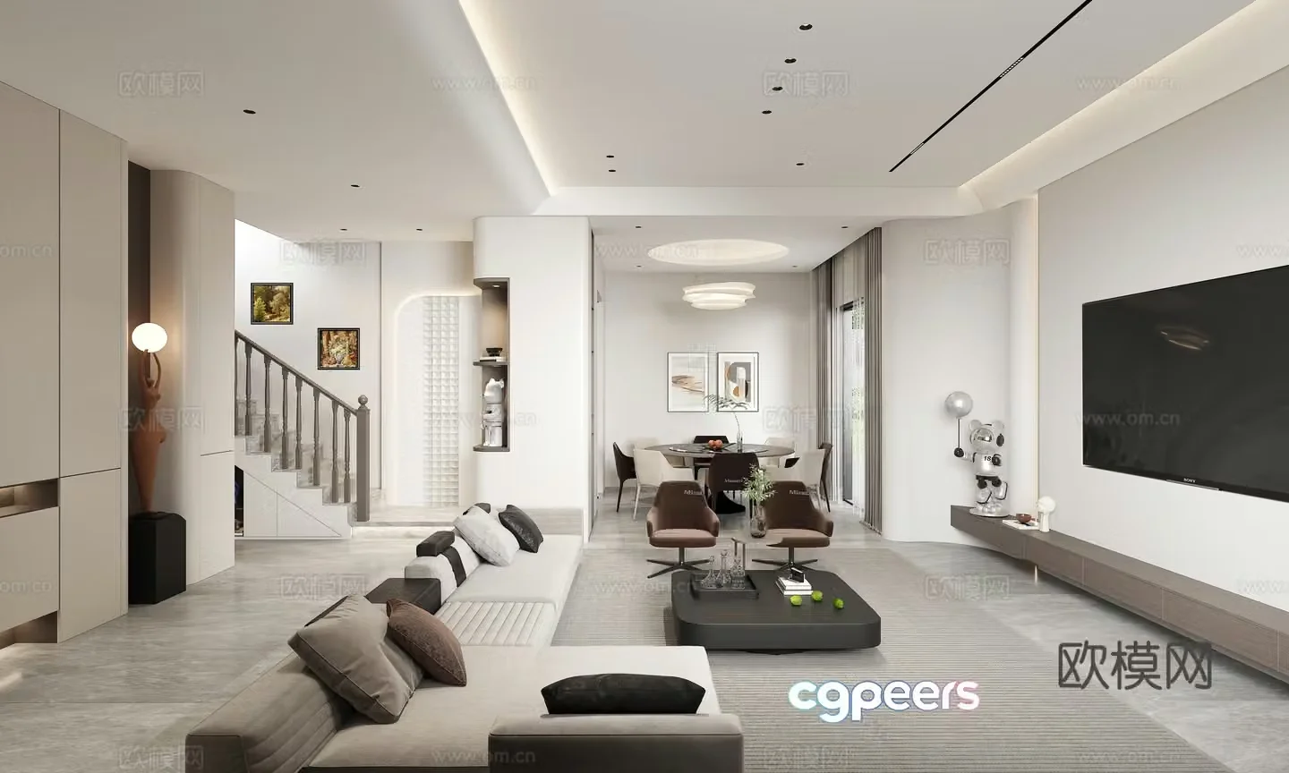 Modern living and dining room 3d model