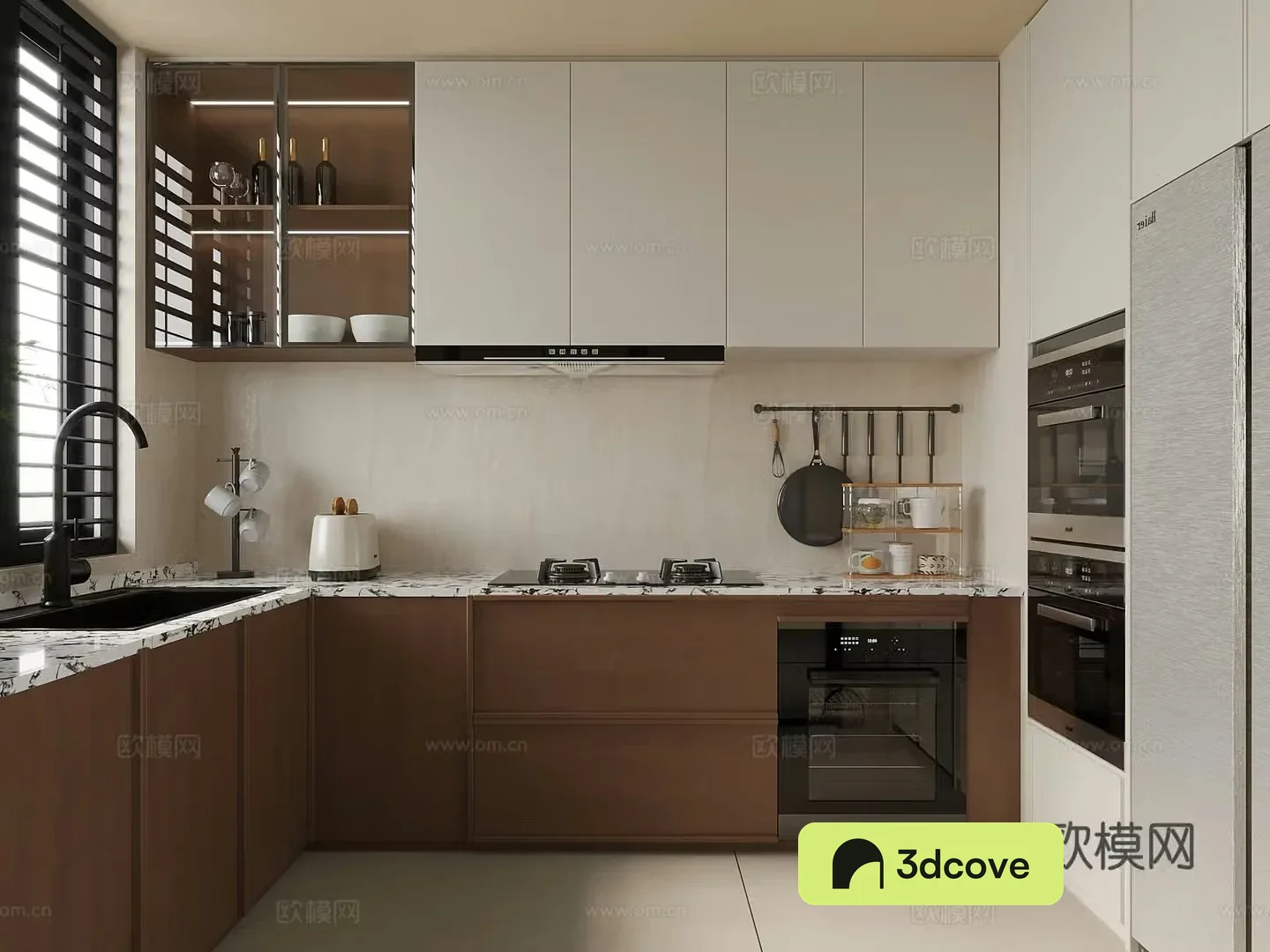 Middle style kitchen cabinets kitchen supplies hood stove 3d model