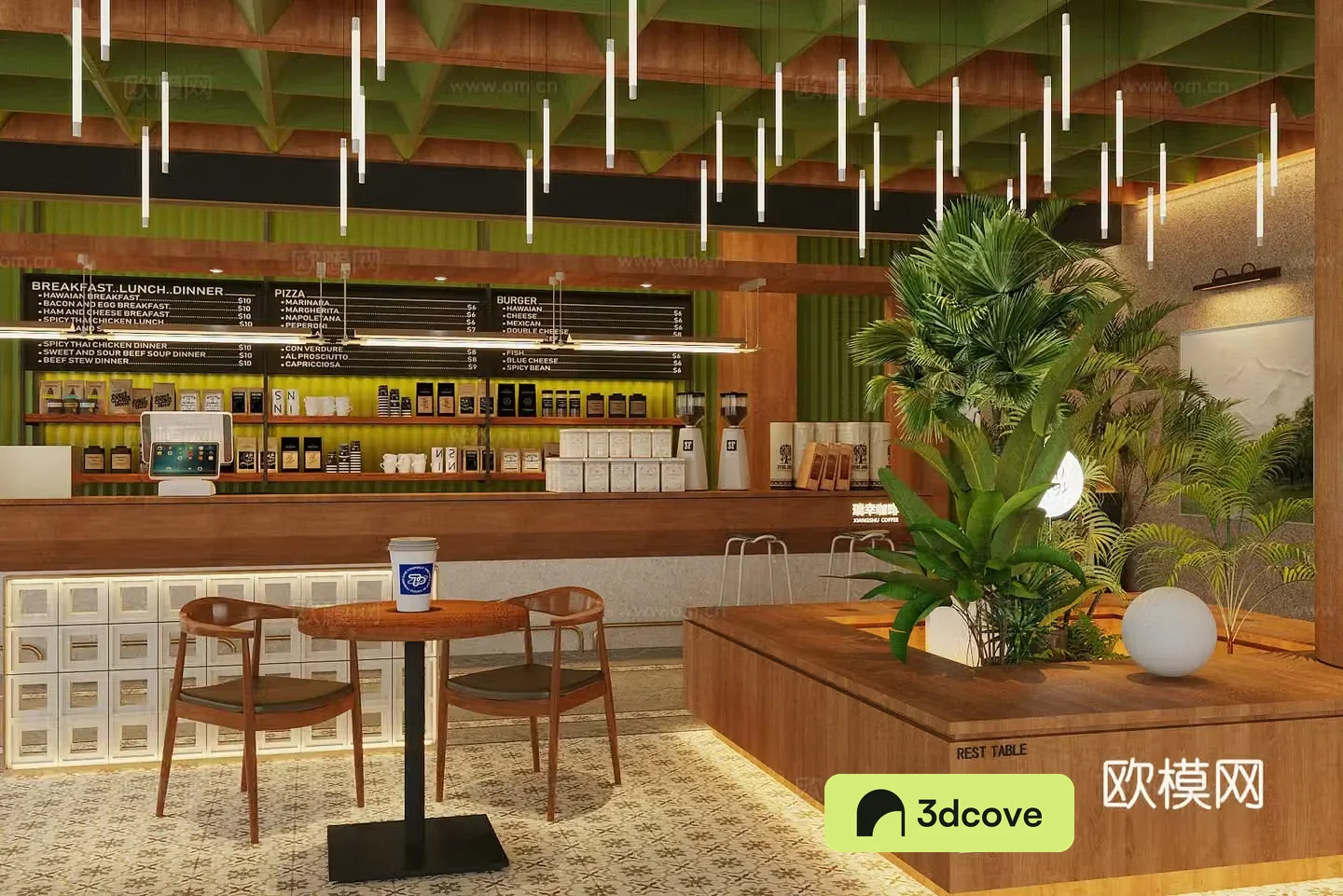 Log wood style milk tea shop Log wood style cafe Log wood style dessert cake shop Indoor landscape sketch