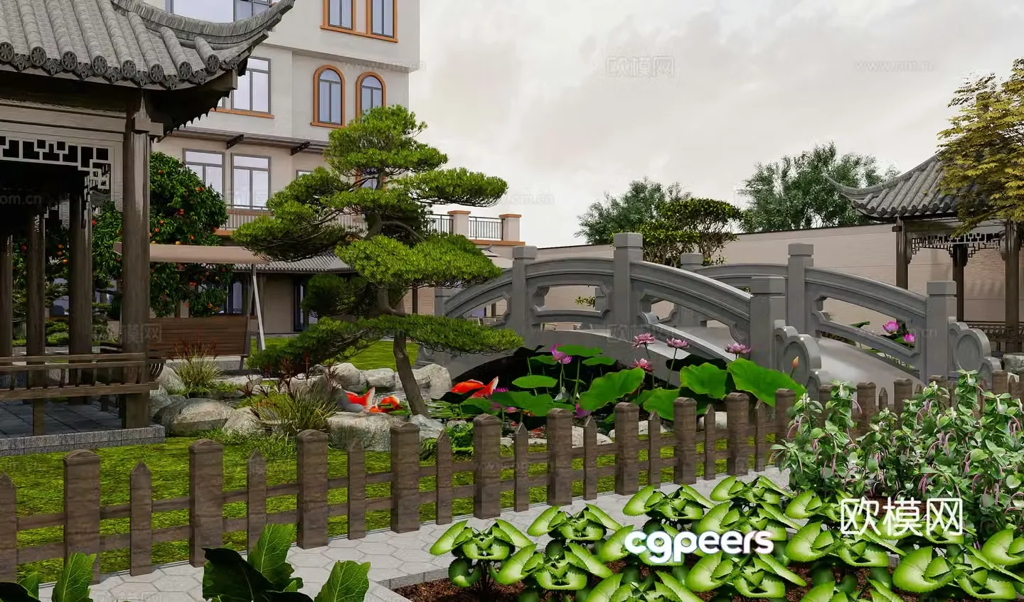New Chinese-style fish pond courtyard landscape fish pond landscape small bridge lotus 3d model