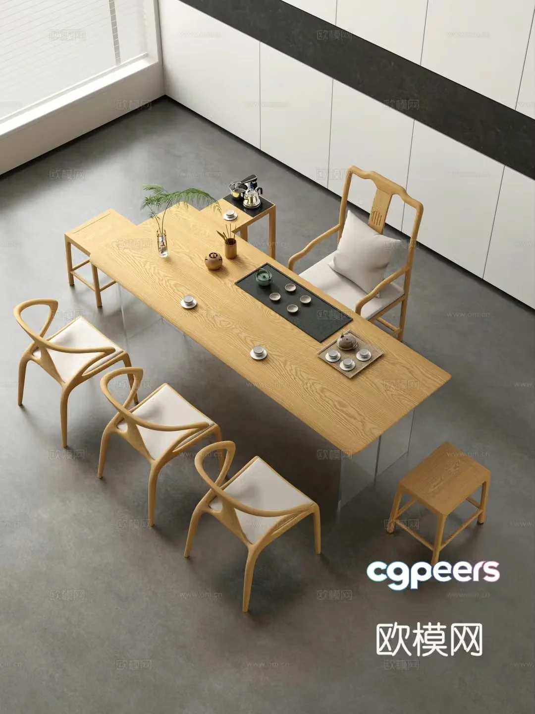 Creamy large plate table tea table and chair combination tea table tea table tea room tea table balcony tea table 3D model
