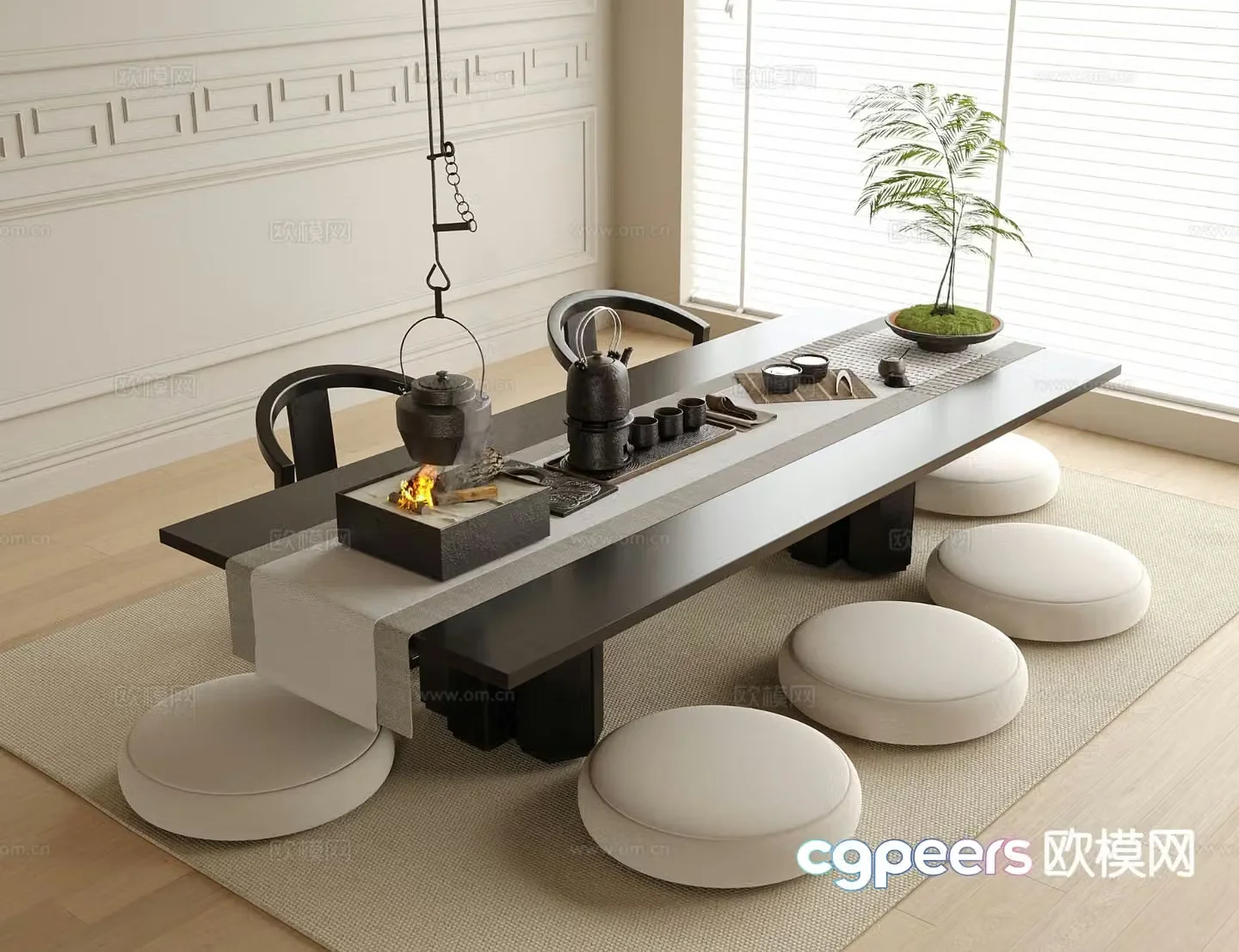 Chinese tatami tea table and chairs 3d model