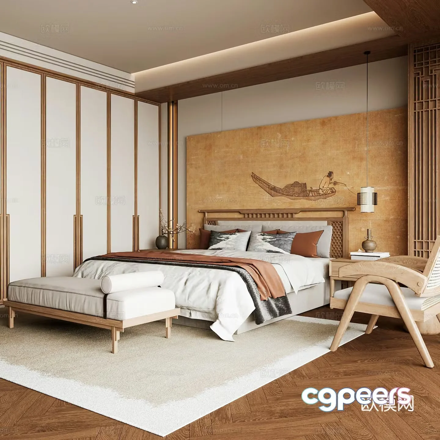 New Chinese style home bedroom Song family aesthetic bedroom Song style bedroom New Chinese style double bed New Chinese 3D model