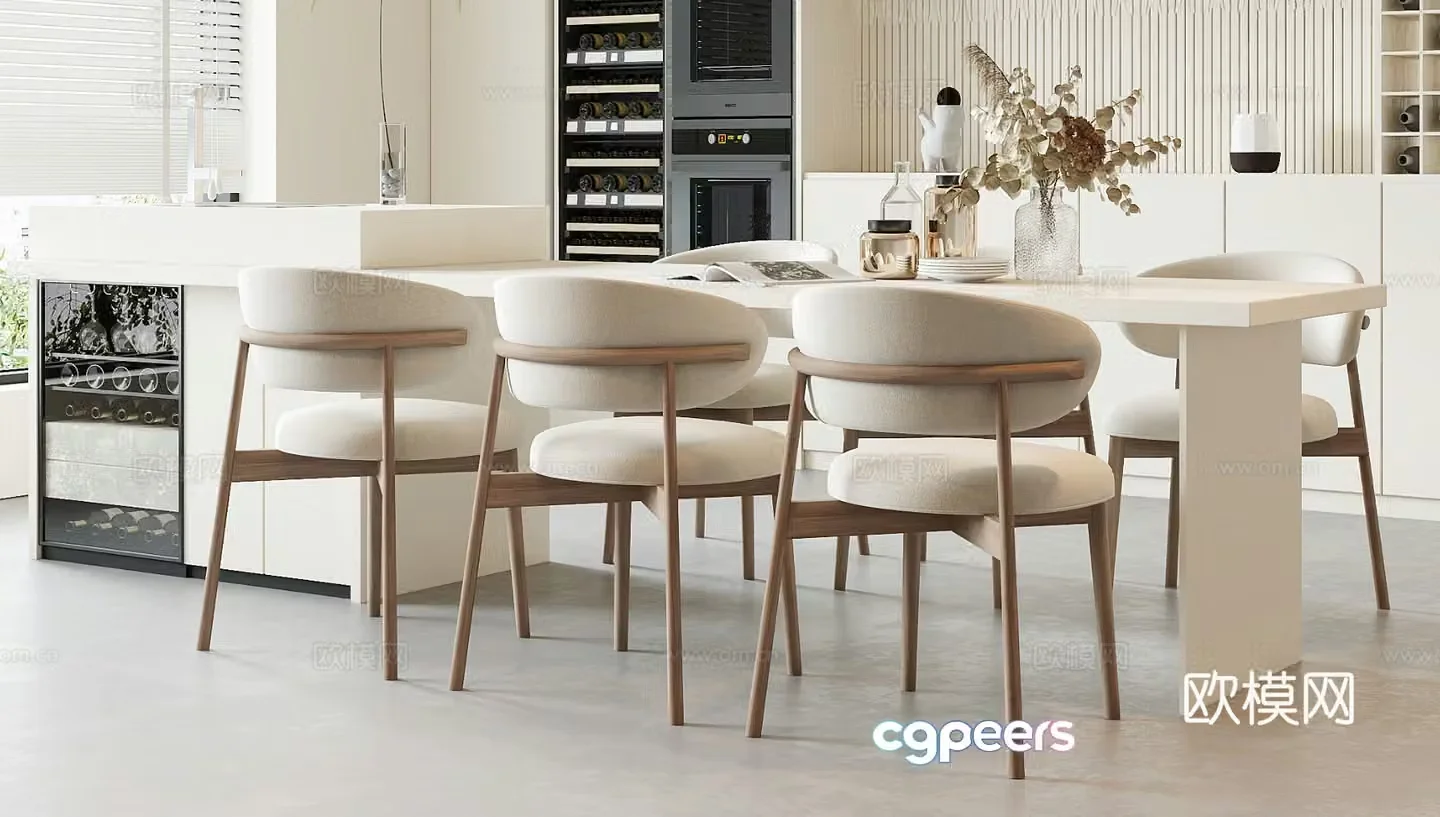 Creamy dining table and chair combination 3D model