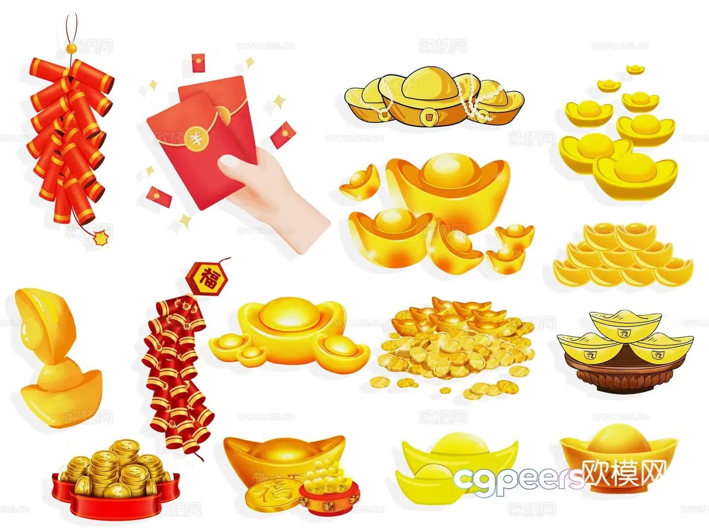 Chinese elements auspicious clouds ingots coins gold coins wallets silhouettes wall decorations decorations yuan 3d model
