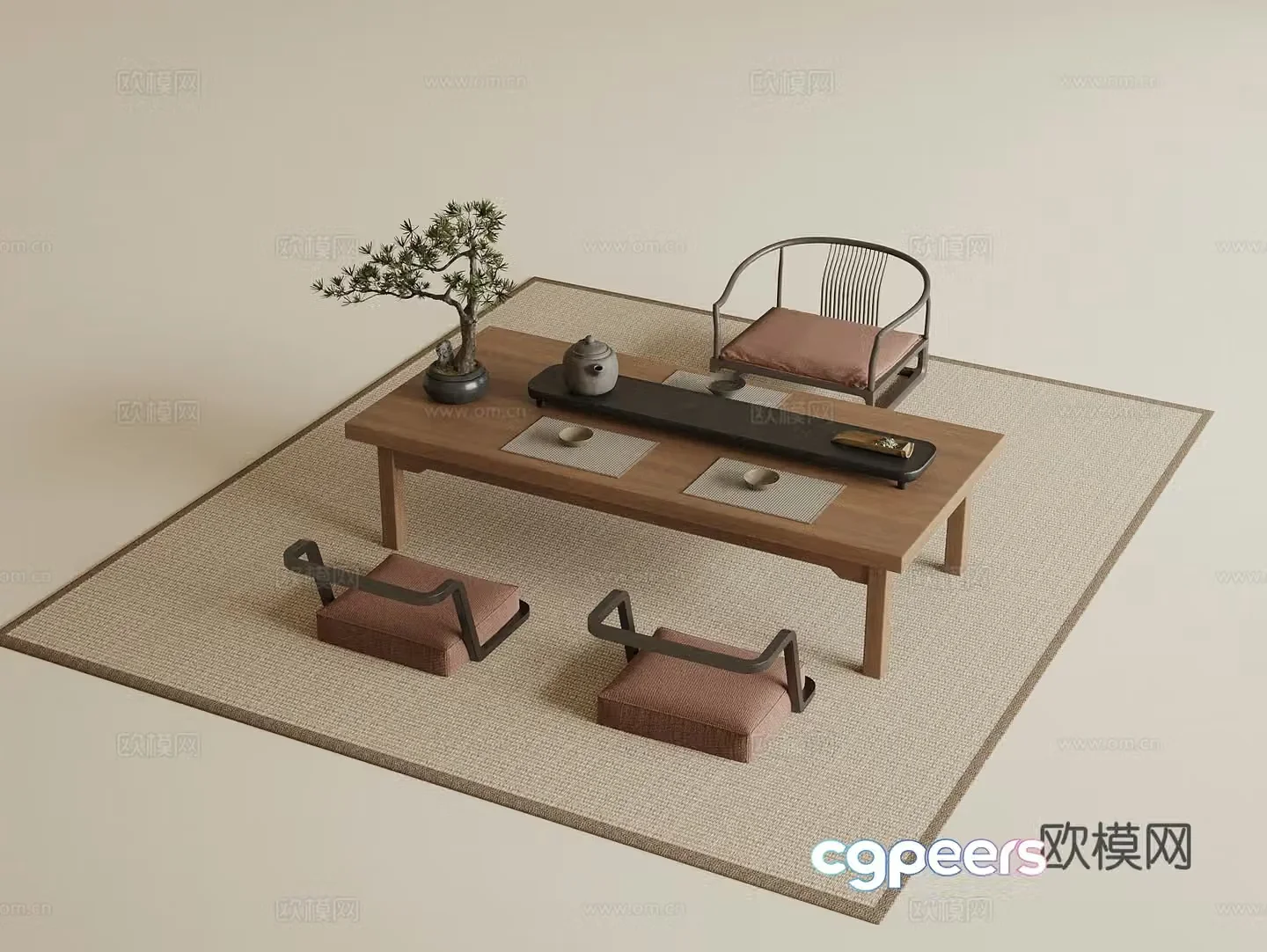 New Chinese style tatami tea table and chairs potted plants cushions tatami tea room carpet 3D model