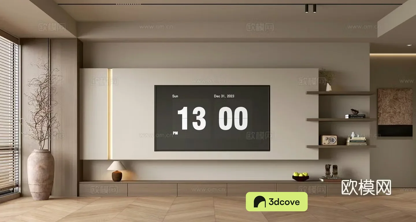The ancient TV background wall of the TV cabinet and the background wall of the modern Wasabi style living room The ancient style 3D model
