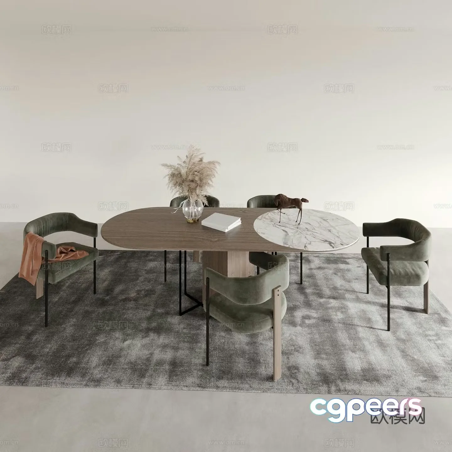 Oval dining table and chairs solid wood dining table 3d model