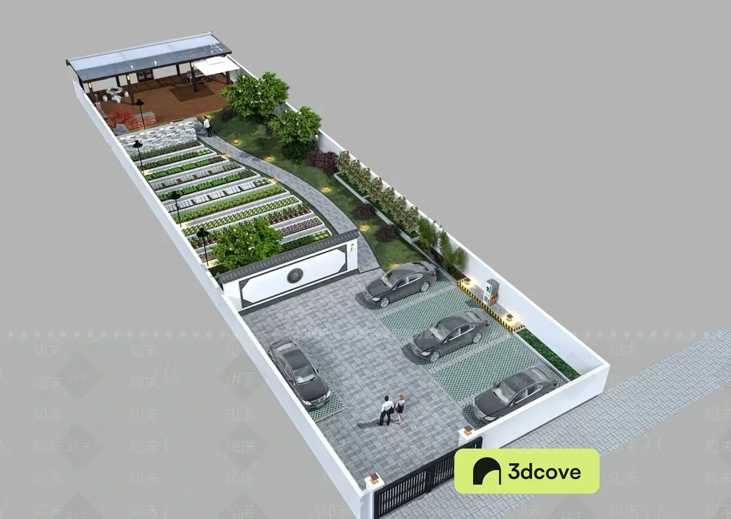 A 3D Rendering Of A Parking Lot With A Garden And A Building