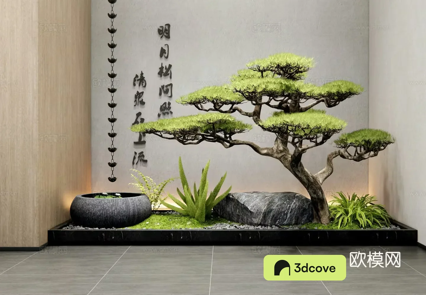 New Chinese style Zen interior landscape patio interior landscape welcome pine stone water bowl rain