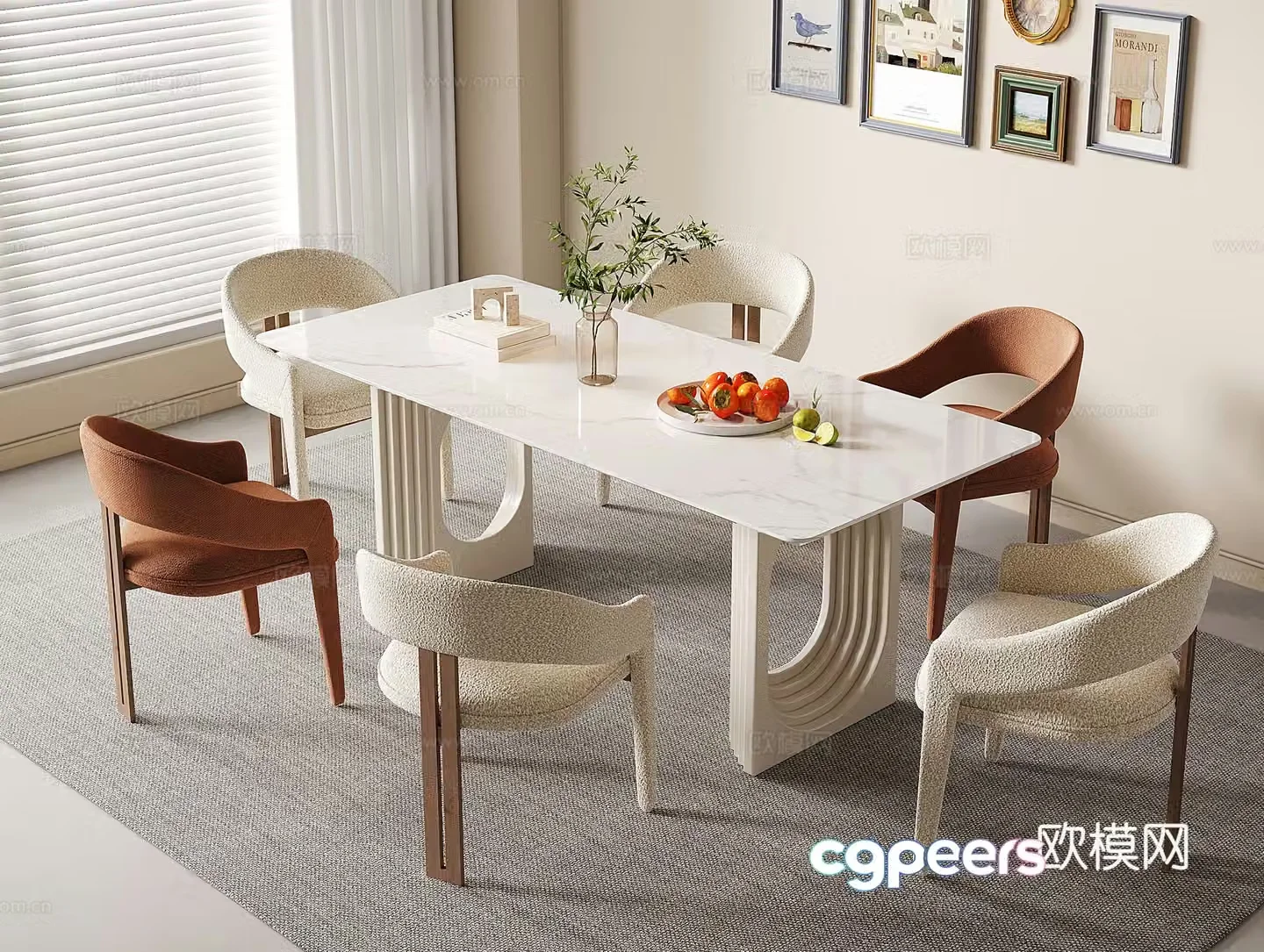 Creamy style rectangular dining table marble dining chair dining table chair 3d model