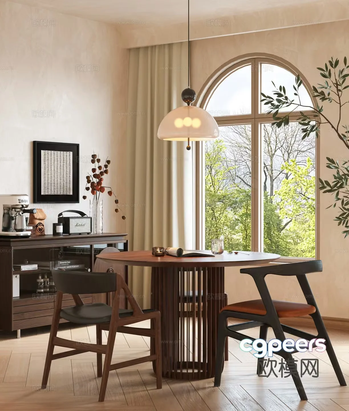 Modern medieval dining table and chair combination round casual table and chair combination sideboard restaurant solid wood dining 3D model