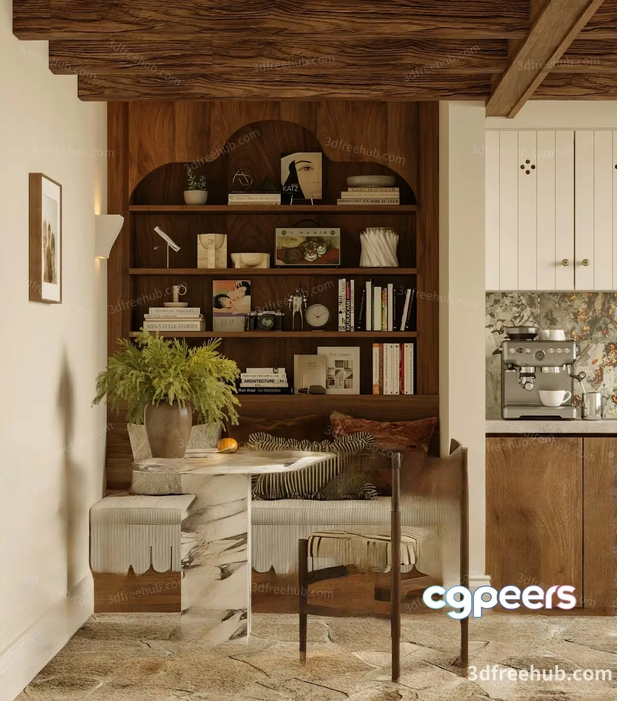 A Cozy Living Room With A Bookshelf 3D Model – 19636 – VRAY Render