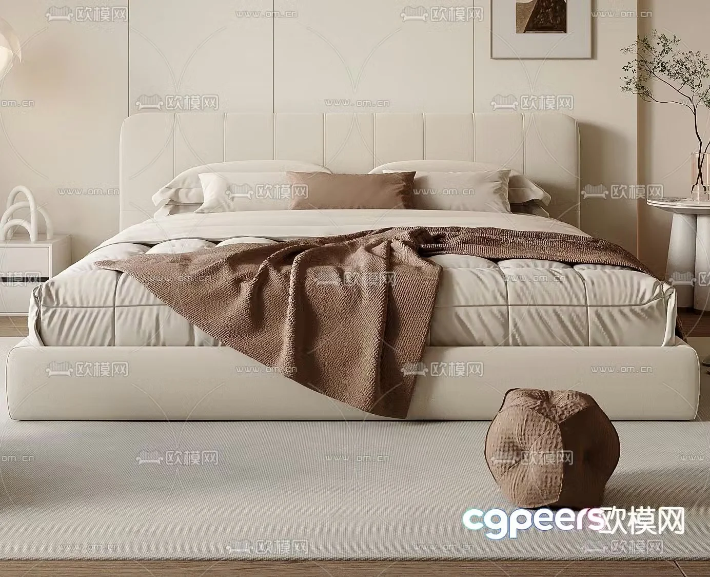 Cream style double bed 3d model